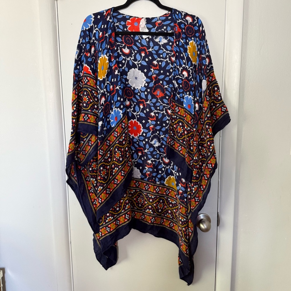 Free People Blue & Orange Magic Dance Border Print Duster Kimono One Size